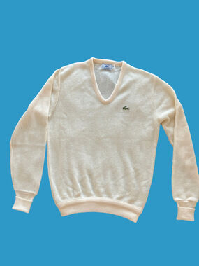 Lacoste Men's Cream V-Neck Sweater with Green Crocodile Logo